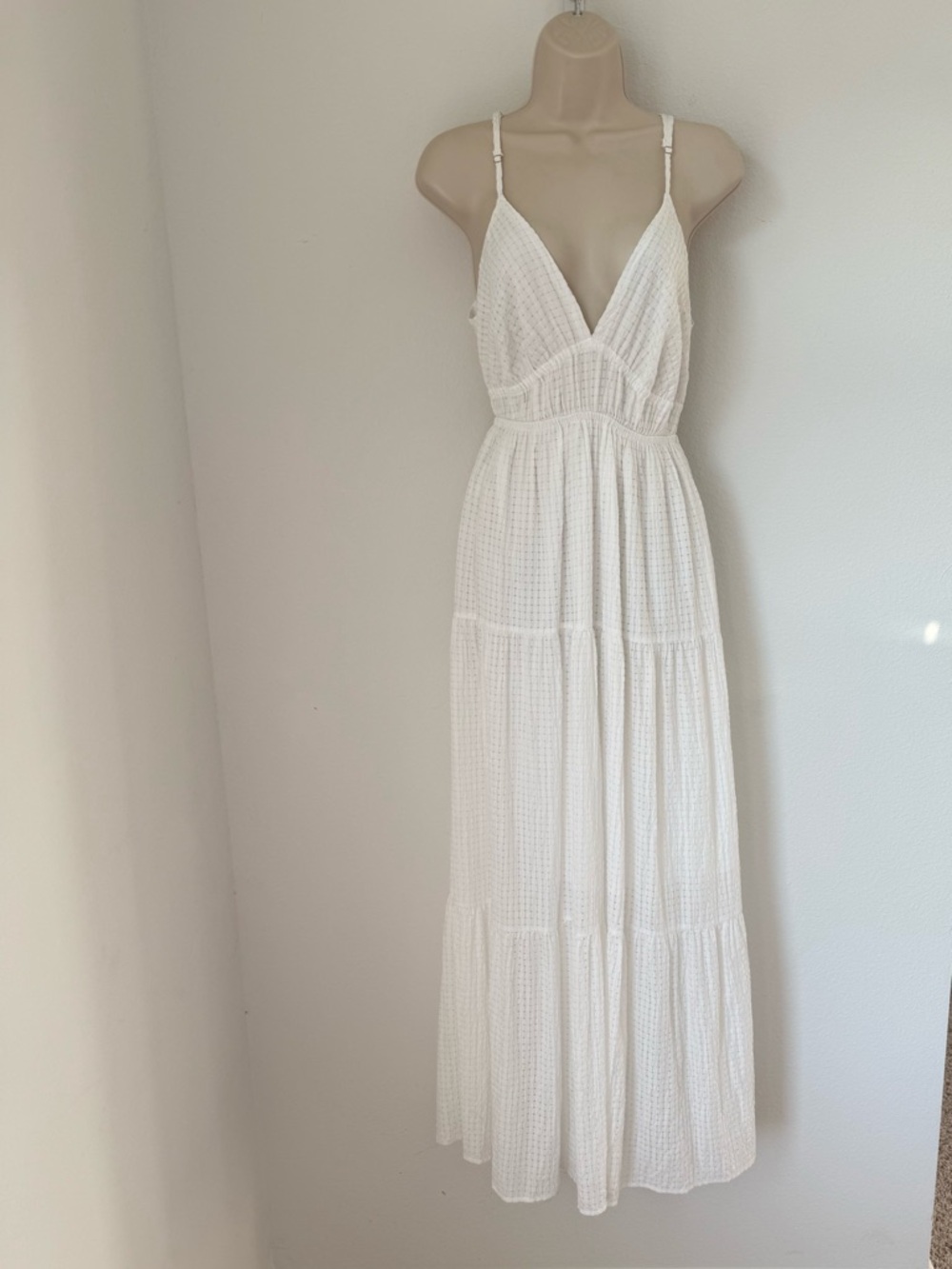 White flowy Maxi Deep V-Neck Small Dress Textured Cottagecore Boho Beach Bridal - Picture 2 of 7